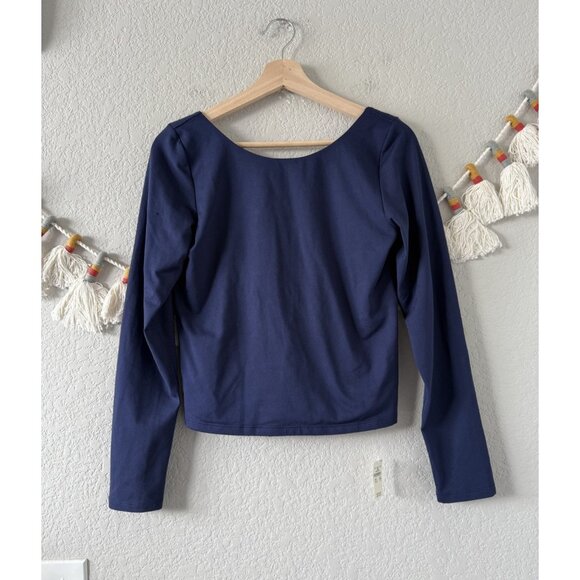 Aerie Offline Navy Deep Back Long Sleeve Fitted Crop Top Athletic Yoga NWT L - Picture 1 of 8